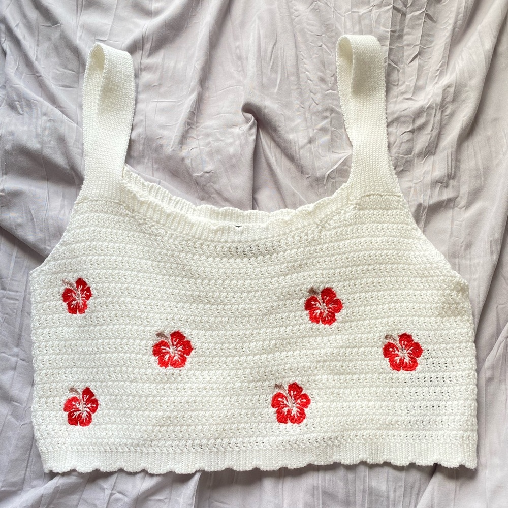 Wild Fable White & Red Cropped Floral Crochet Top - Picture 1 of 3